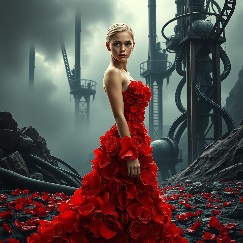 Regal Dystopian Goddess Amidst Gritty Industrial Ruins