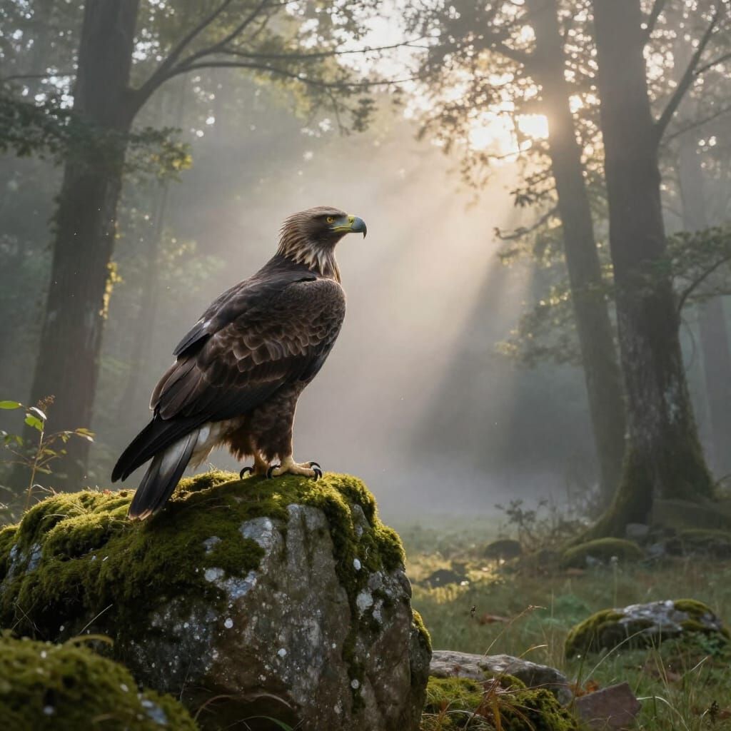 Majestic Eagle Surveys Misty Forest at Dawn