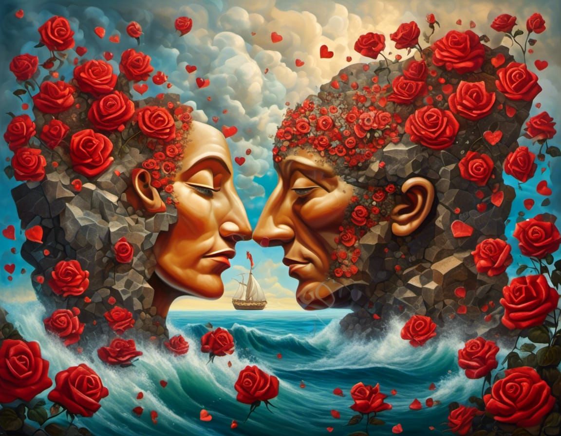 Mosaic Rock Faces Kissing in Surreal Seascape