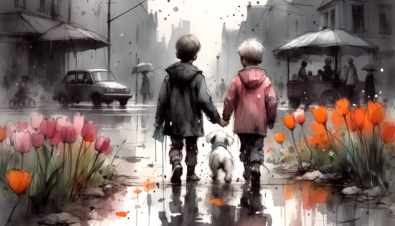 Boy and Puppy in Rainy Anime Art