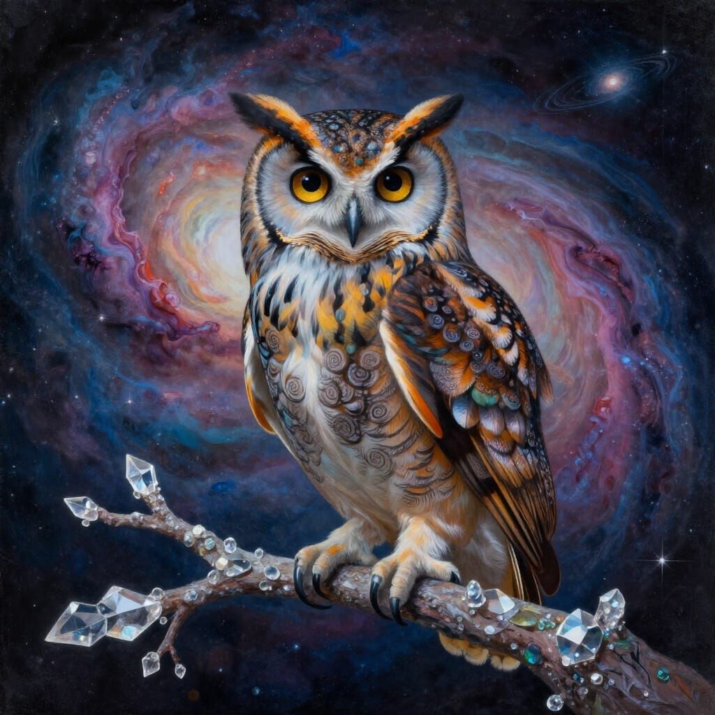Majestic Owl on Crystal Branch Under Nebula, Surrealist Goua...