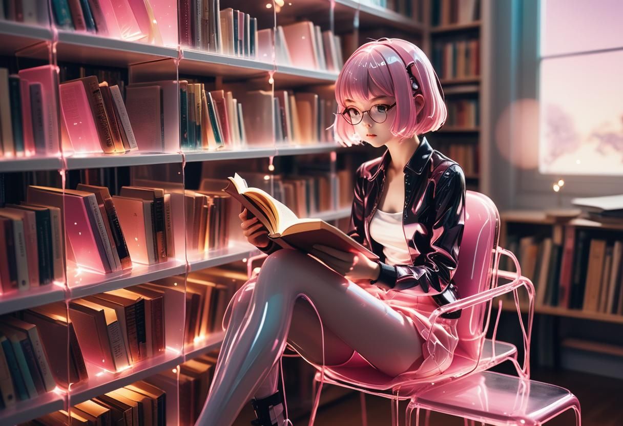 Resin Library with Pink Accents in Anime Style