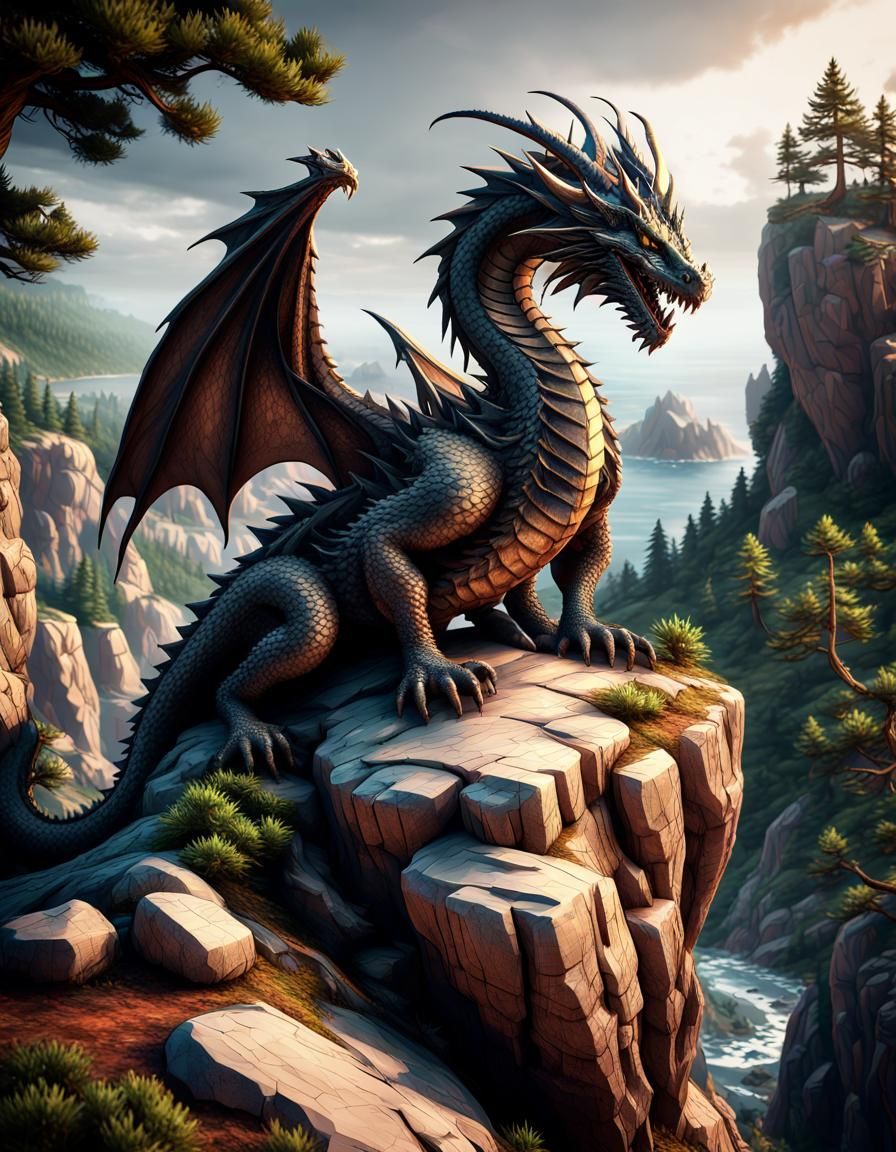 Epic Dragon on Cliffside Pine Tree: 3D Cinematic