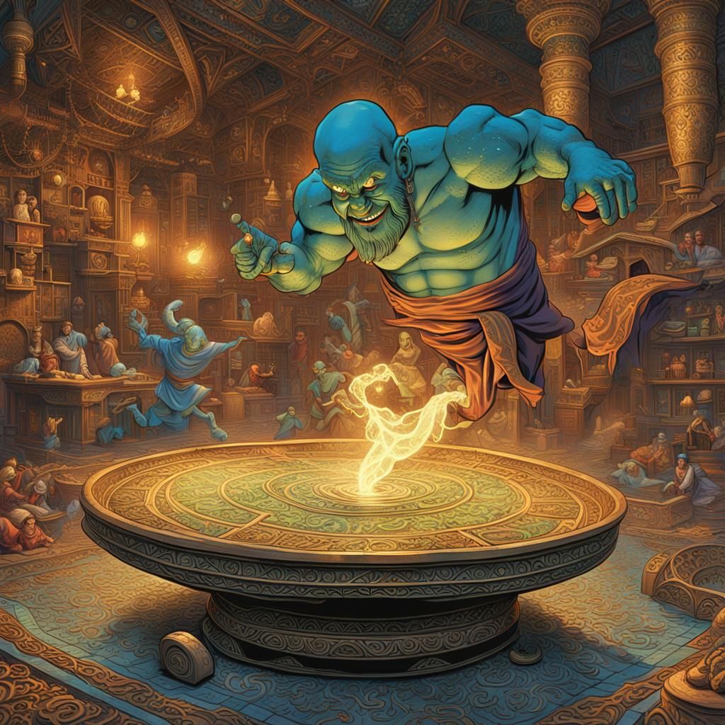 Genie Emerges from Lamp in Hyperrealistic Comic