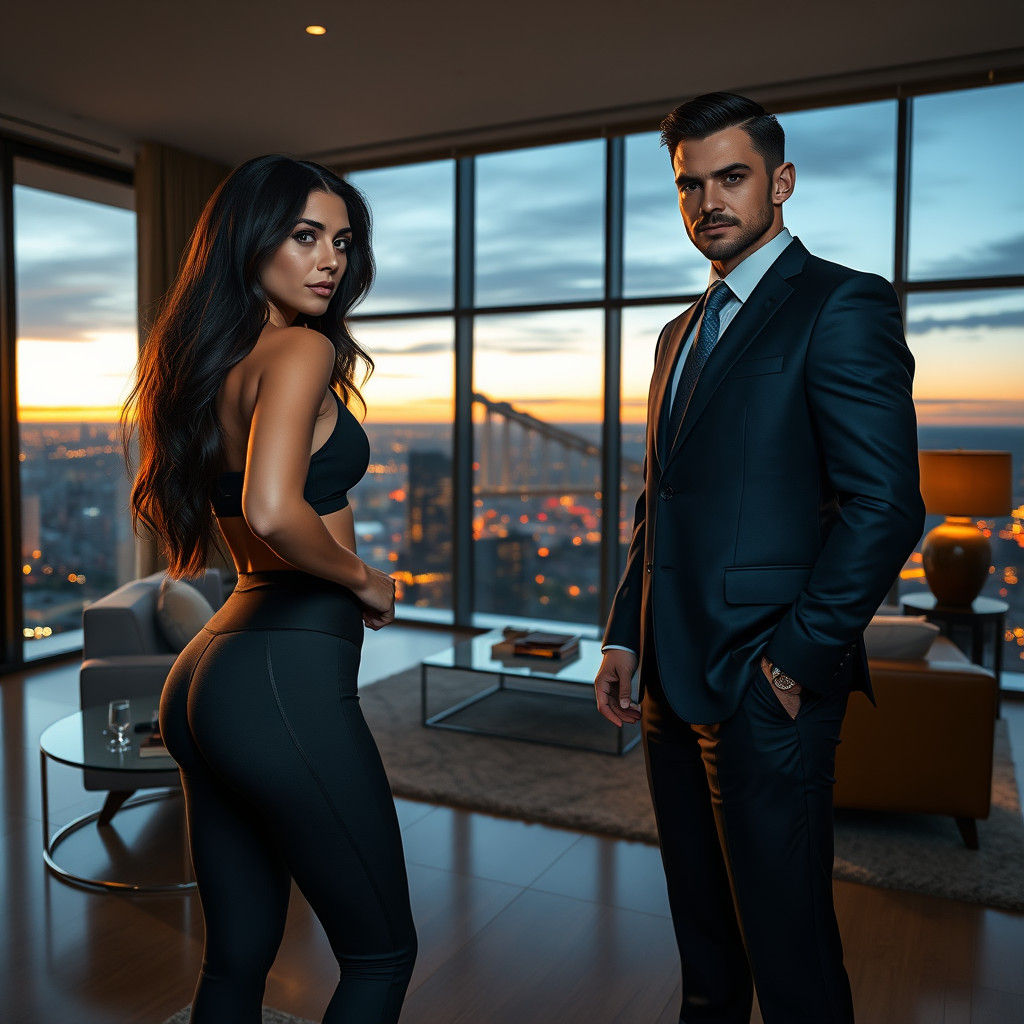 Woman and Man in City View Apartment, Hyperrealistic