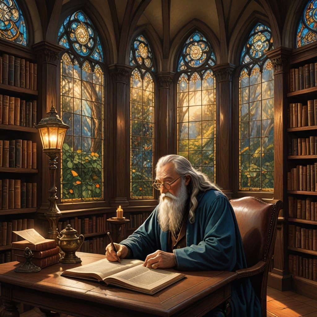 Wizard in Grand Library, Hyperrealistic Fantasy Art