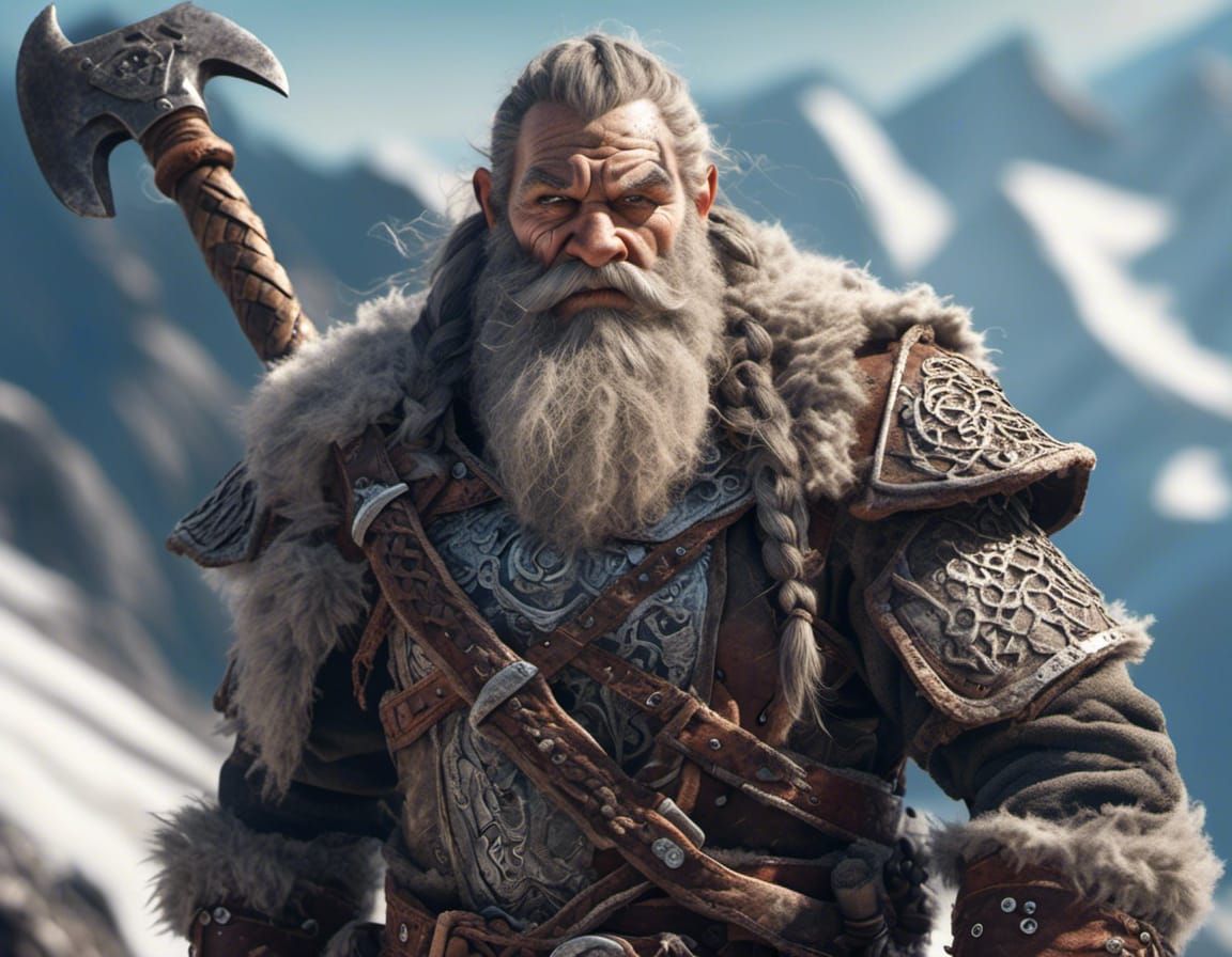 Hyperrealistic Dwarf Warrior with Double Axe in Snow