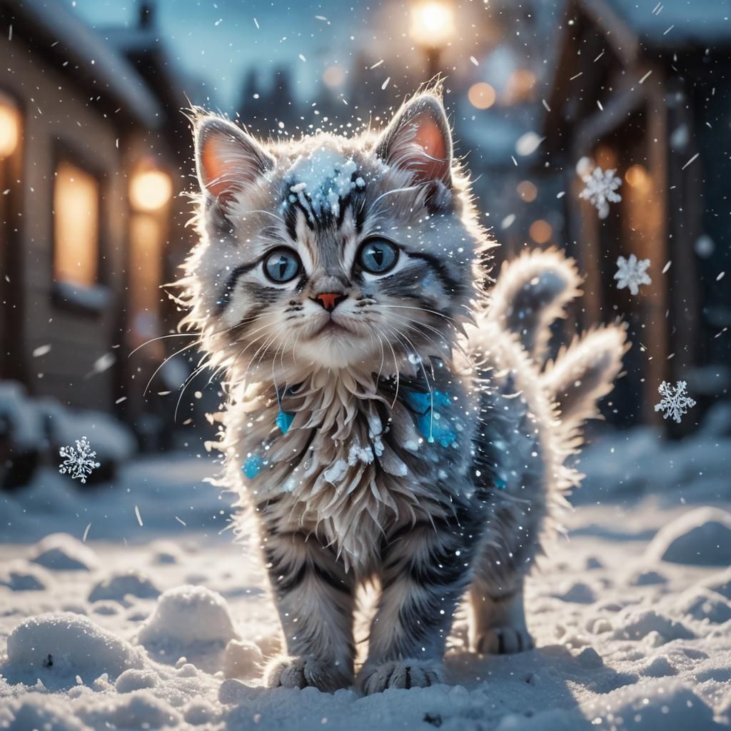 Vibrant Hyperrealistic Kitten Plays in Sparkling Snow