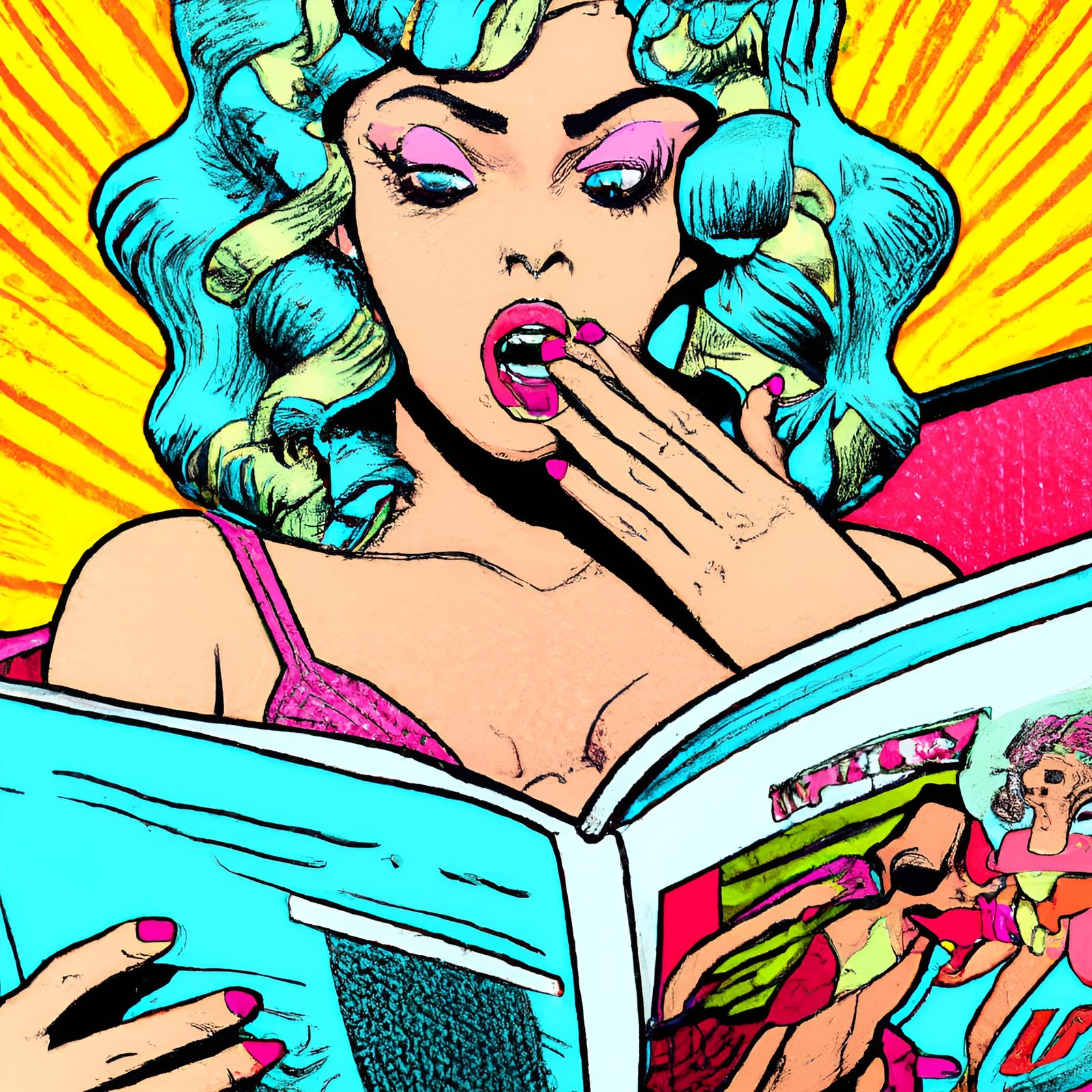 Surprised Pin-Up Girl Reading Comic in Neon Colors