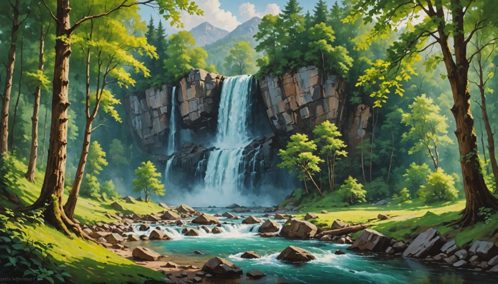 Serene Forest Waterfall Landscape in Oil Painting Style