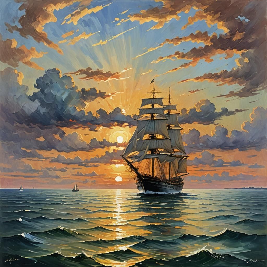 Sailing Ship at Sunset: Gouache Impressionist Painting