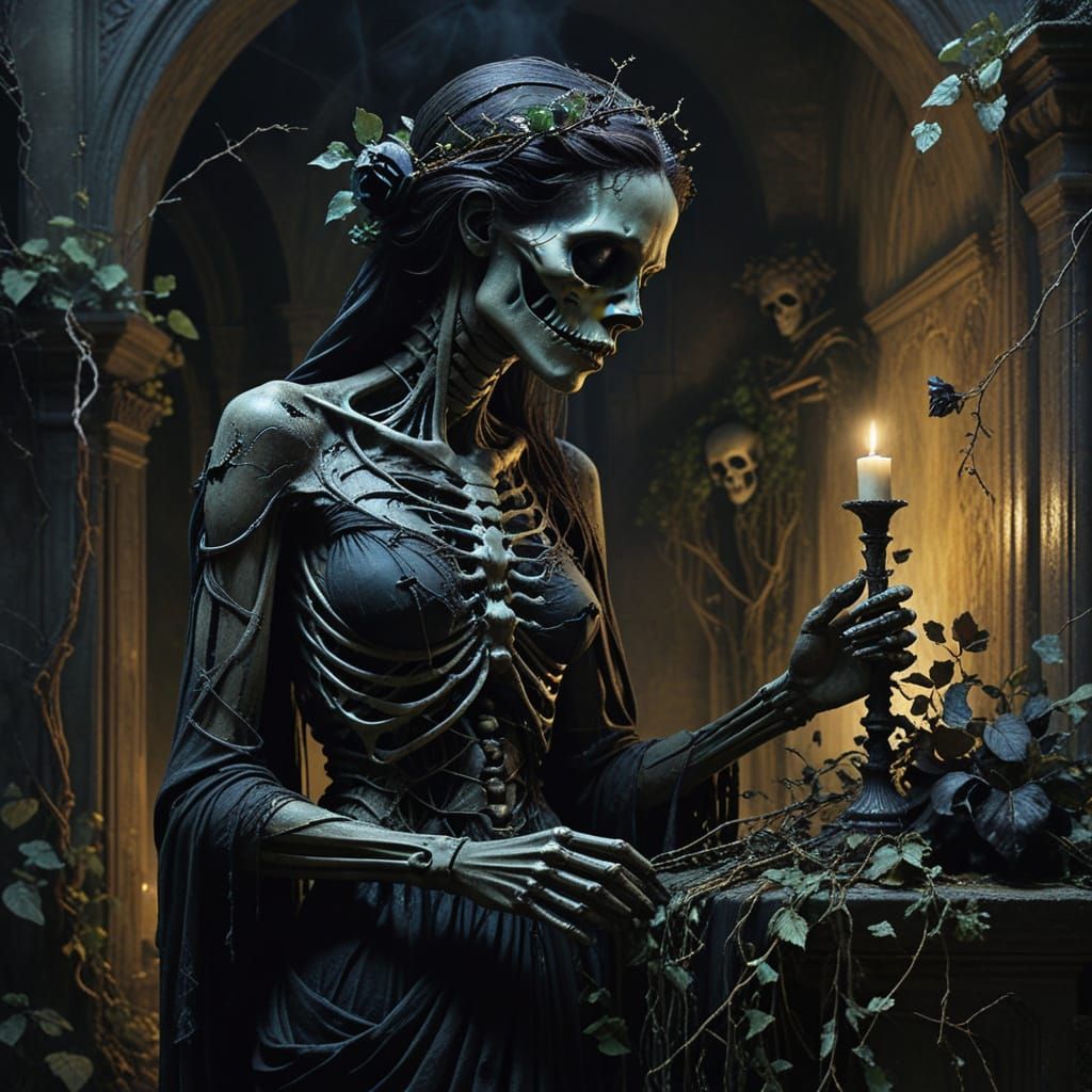 Gothic Skeleton Goddess on Crumbling Altar
