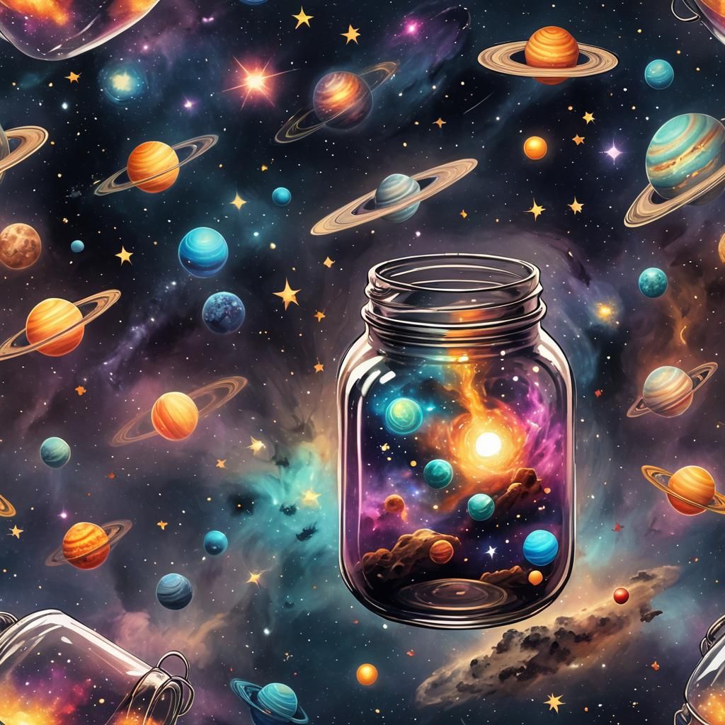 Swirling Galaxy in a Glass Jar with Spaceship