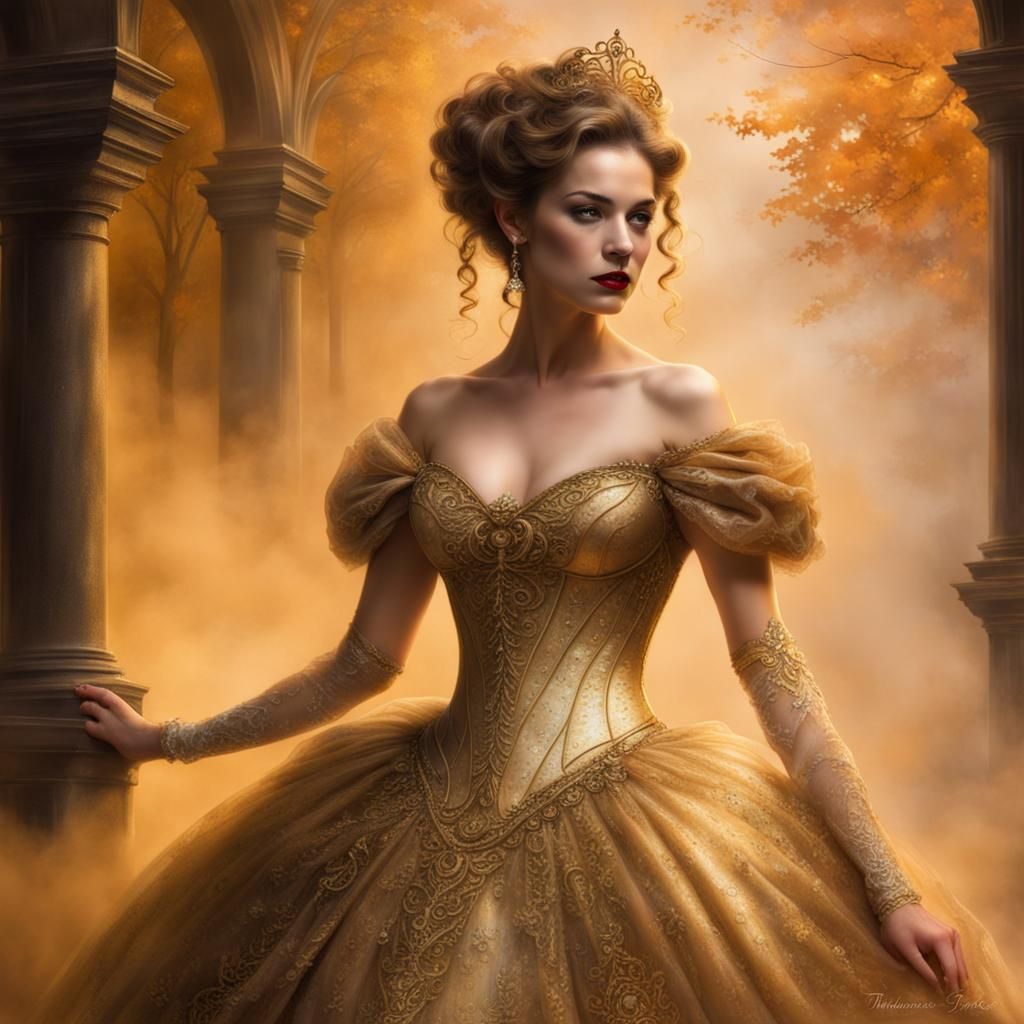 Woman in Gold Gown at Masquerade Ball