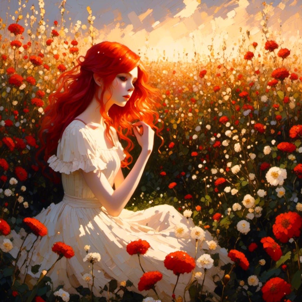 Anime Girl in Flower Field as Impasto Painting