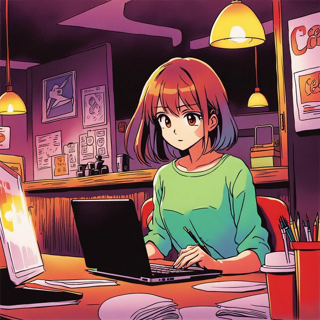 Woman Working in Coffee Shop: Manga Scan Style