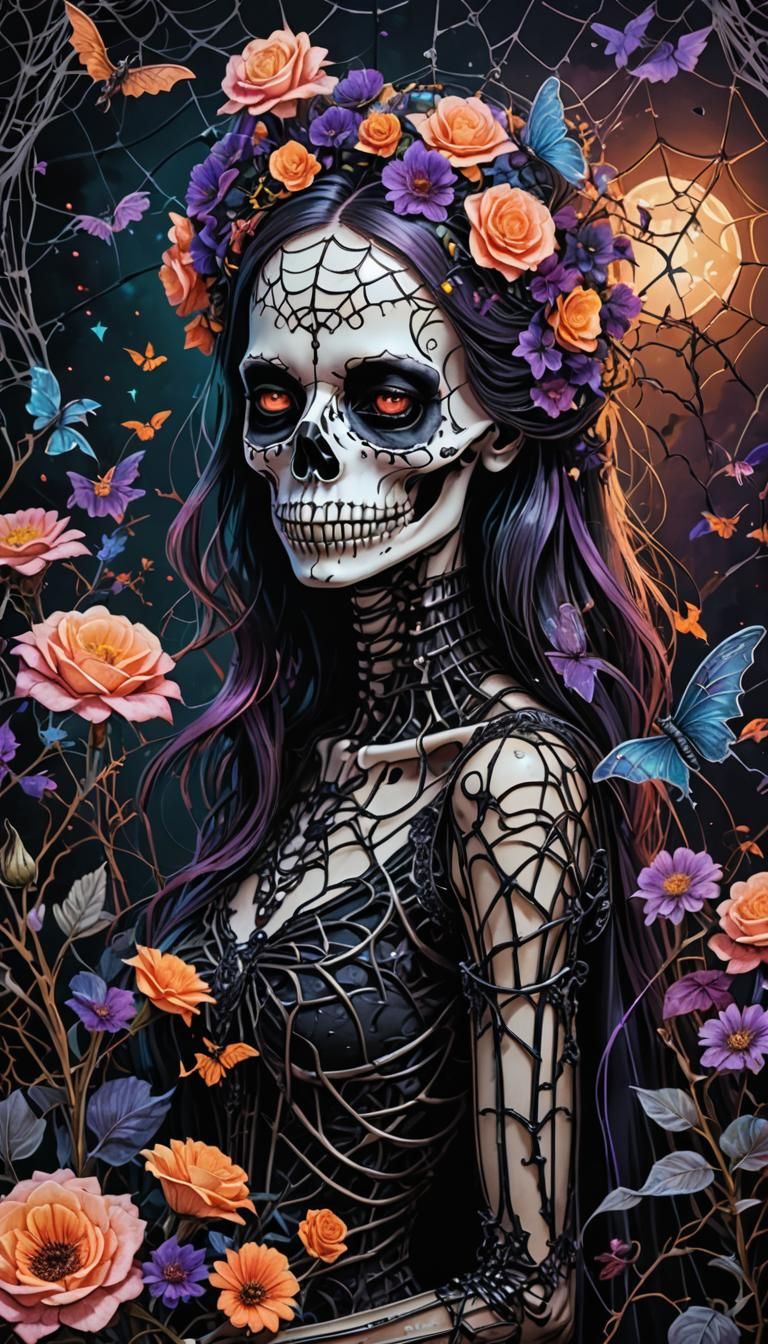 Girly Gothic Skeleton with Dark Flowers in Neon Nocturne Art