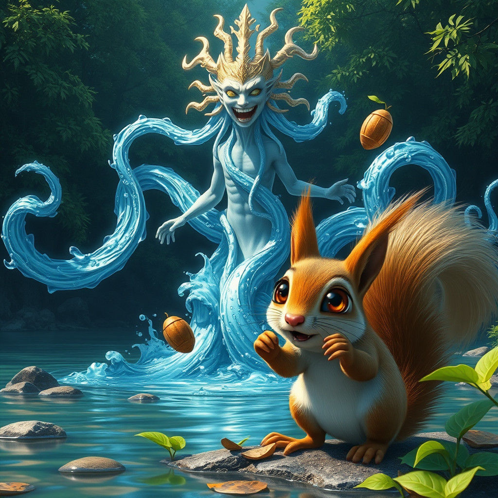 Majestic Water God in Forest, Anime Style