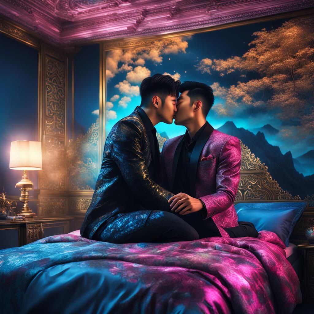 Asian Men Embrace: A Maximalist Digital Painting