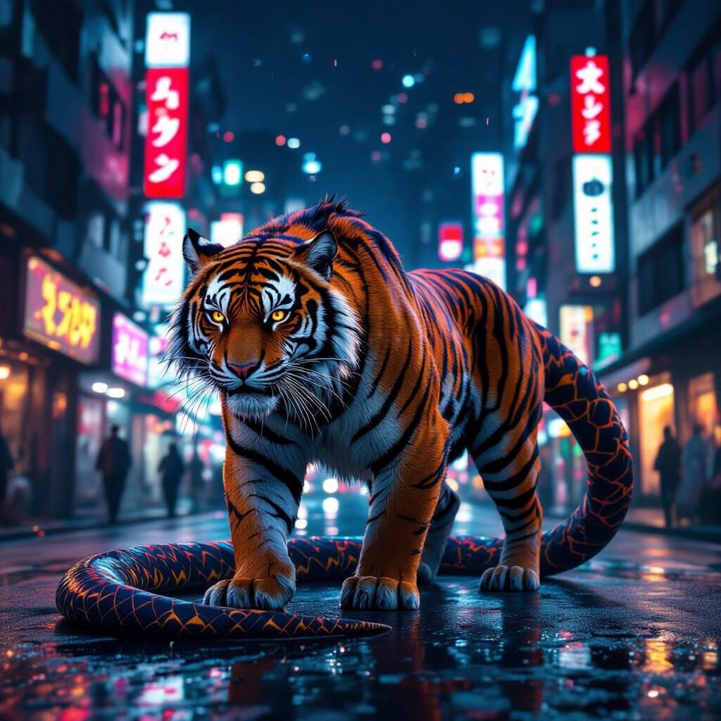Tiger-Snake Chimera Roaming Neon Tokyo Streets