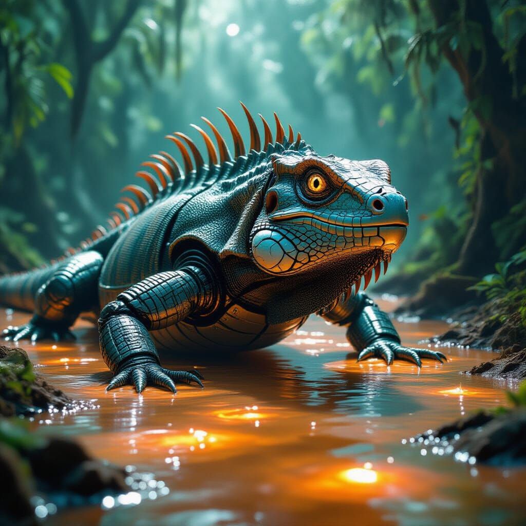 Giant Biomechanical Iguana in Acidic Swamp