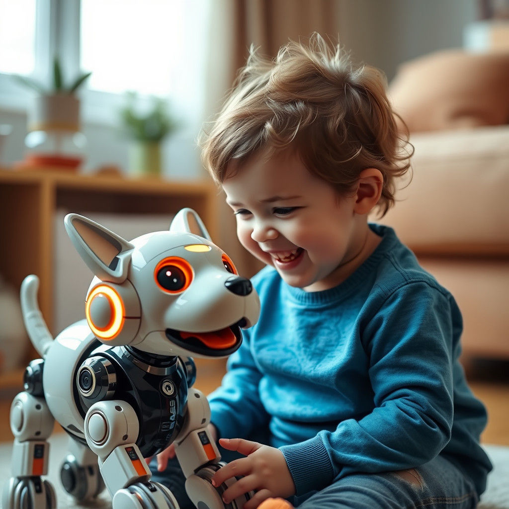 Toddler and Robot-Dog in Swiss Punk Style
