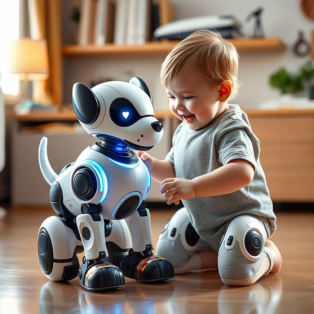 Toddler and Futuristic Robot Dog, Swiss Style