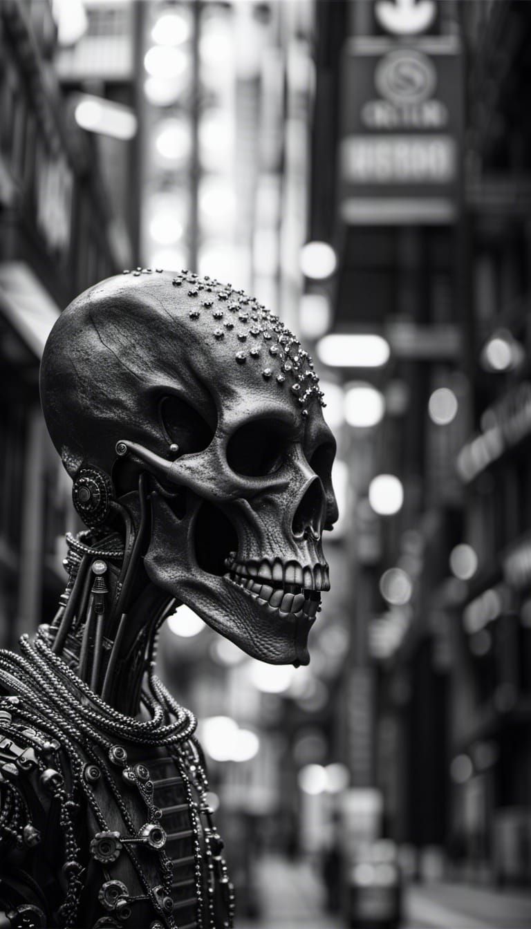 Futuristic Alien Skull in Desolate Street Photo