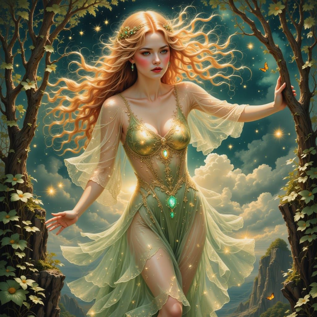 Ethereal Woman in Art Nouveau Style Levitating Above Cliff