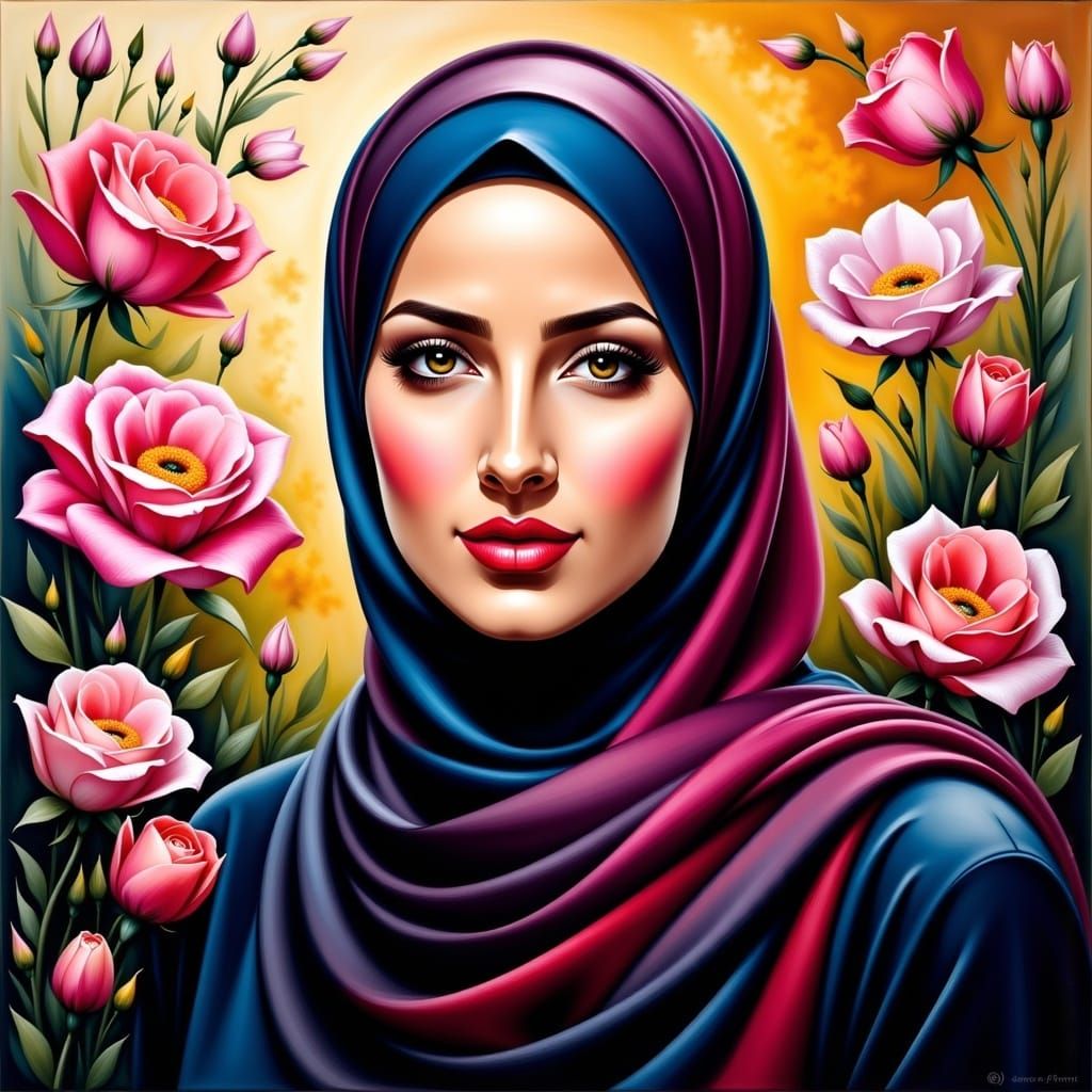 Hijabi Beauty in Vibrant Oil Painting