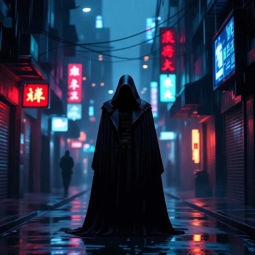 Cyberpunk Alley: Cloaked Figure in Neon Rain