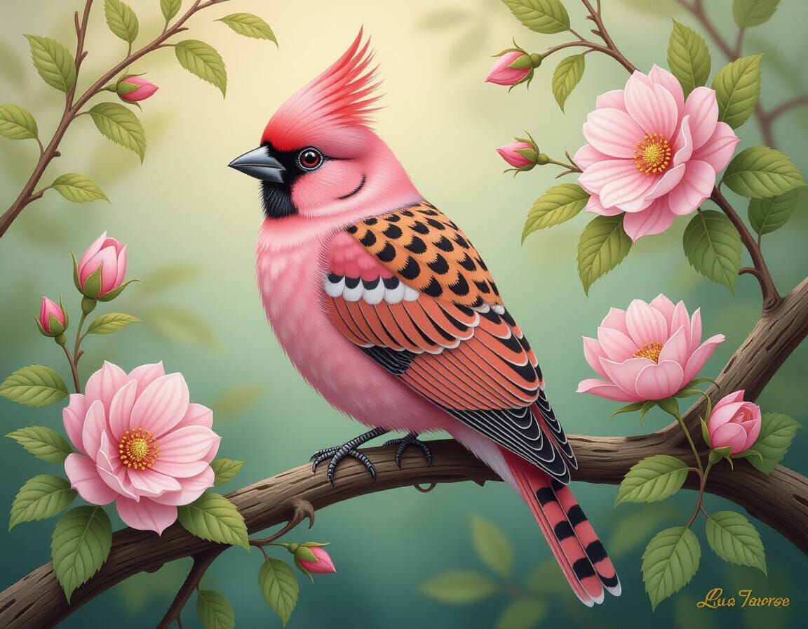 Pink Bird with Leopard Print Accents in Realistic Style