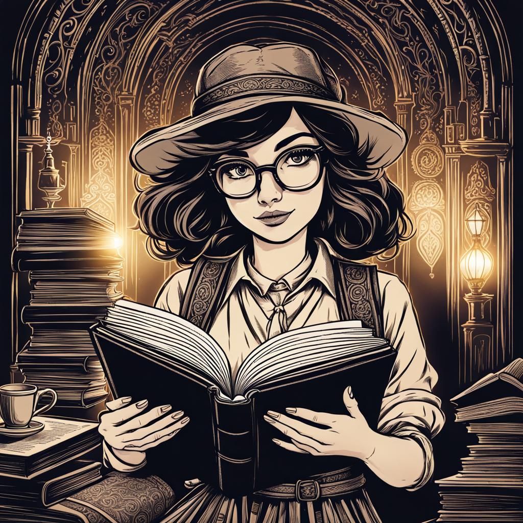 Hipster Girl and Book: Retro D&D Illustration