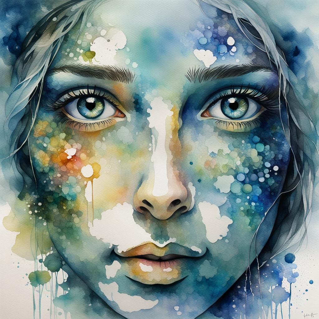 Watercolor Face in Misty Landscape