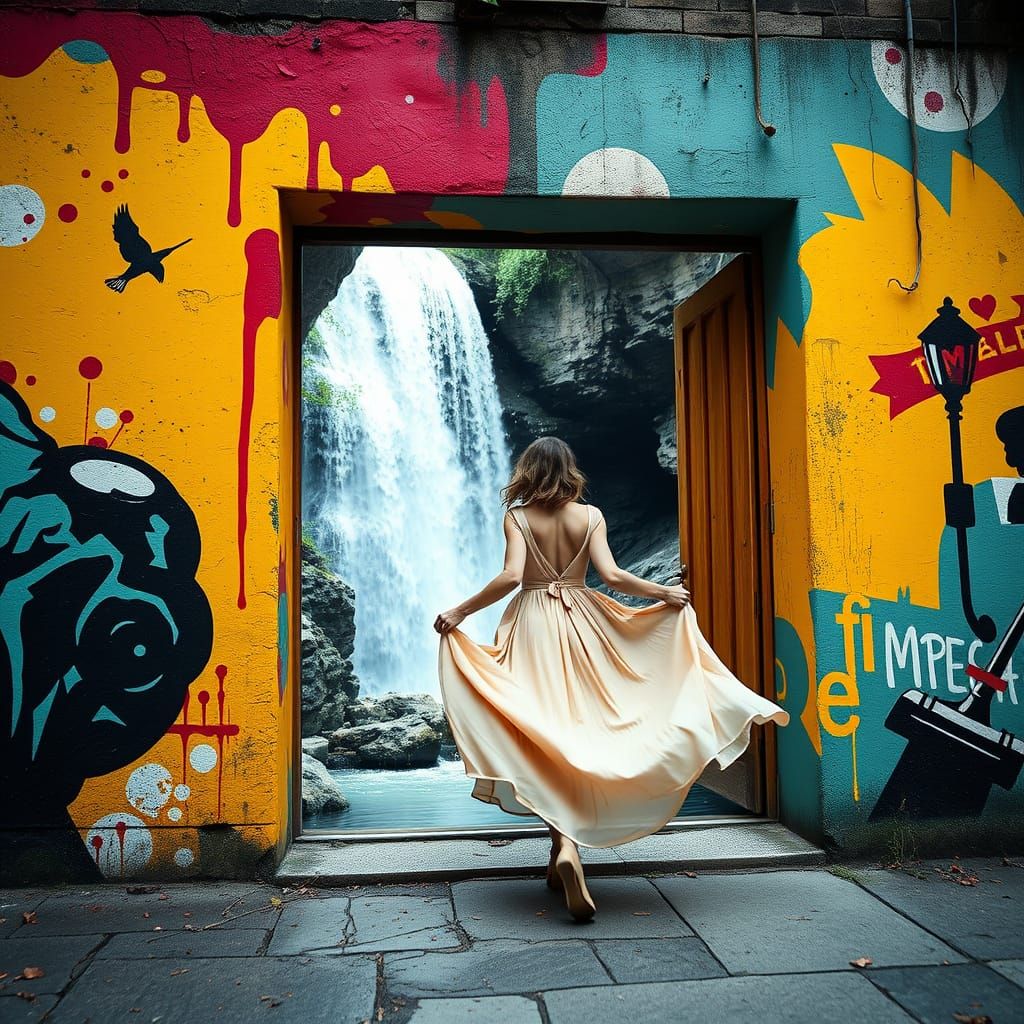 Woman Exits Banksy Mural with Waterfall Backdrop