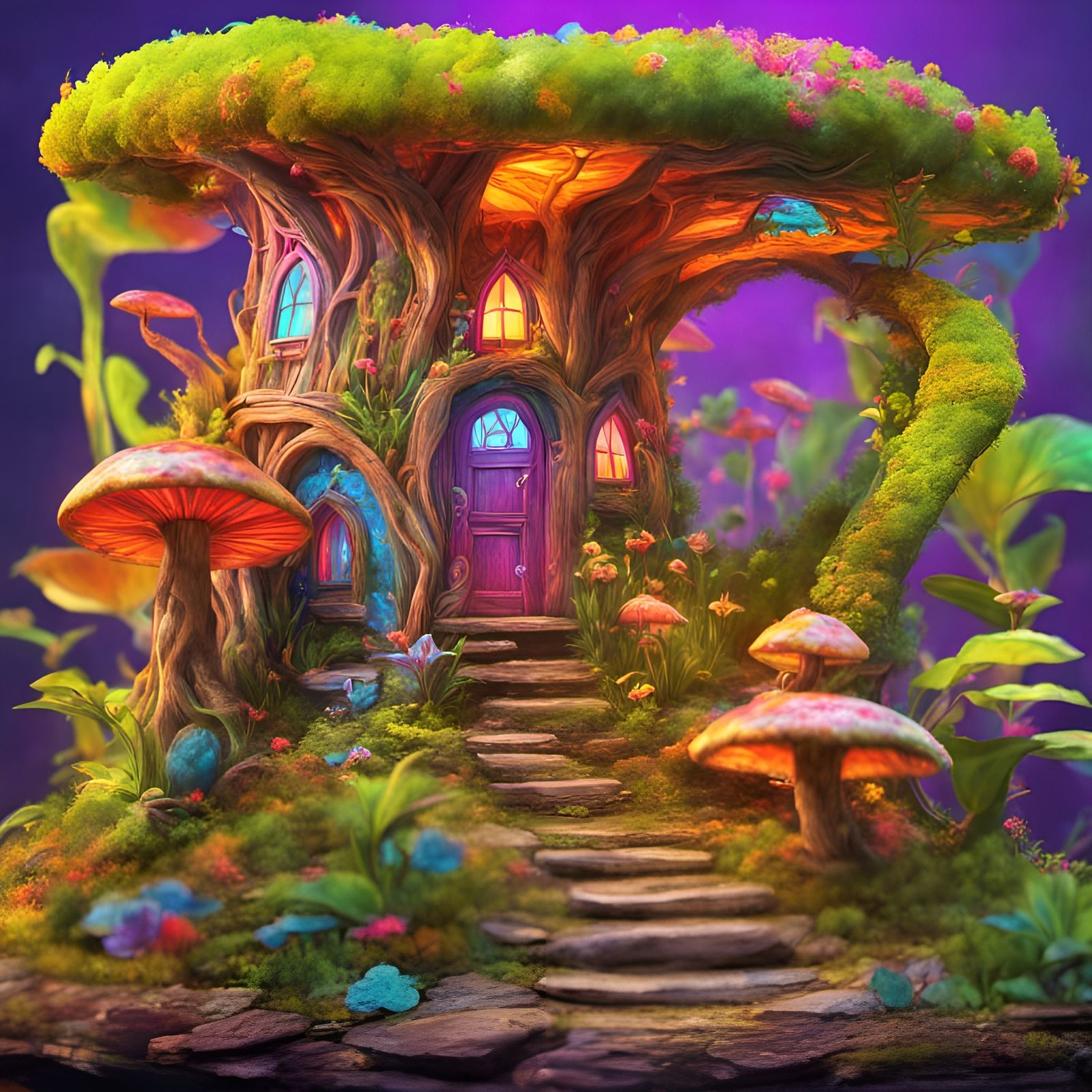 Neon psychedelic colorful fantasy fairy house, fantasy background, Hyperrealistic, splash art, concept art, mid shot, in...
