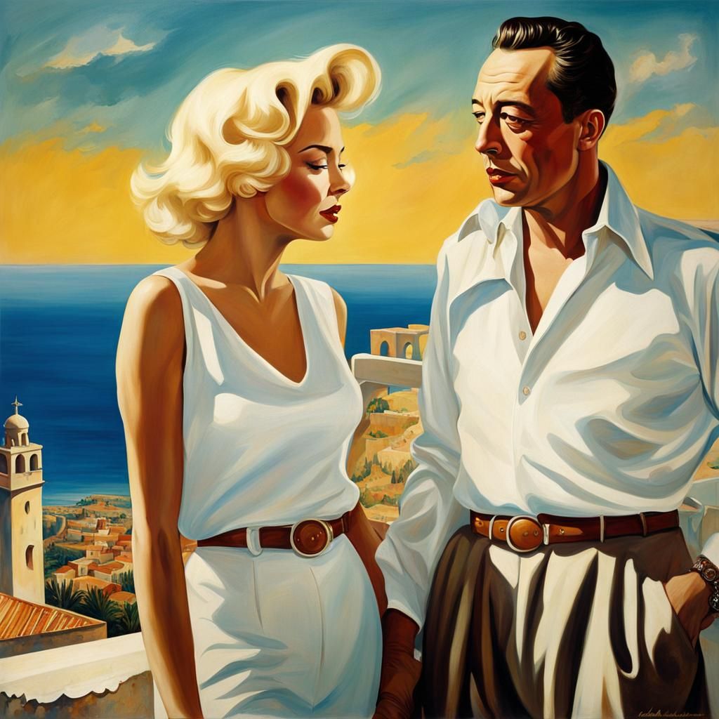 Camus and Monroe on Rooftop, Salvador Dali Style