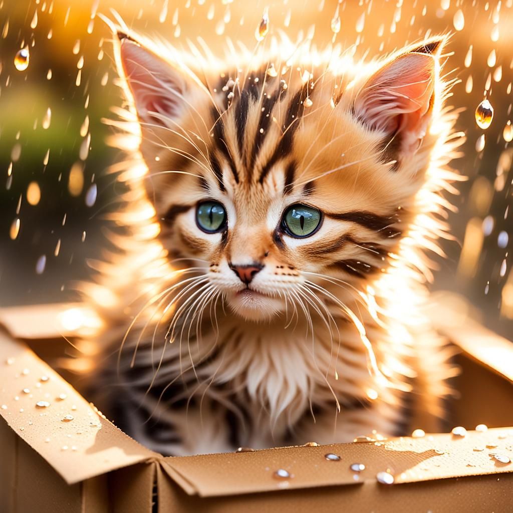 Kitten Hiding in Box: Impressionistic Rain Scene