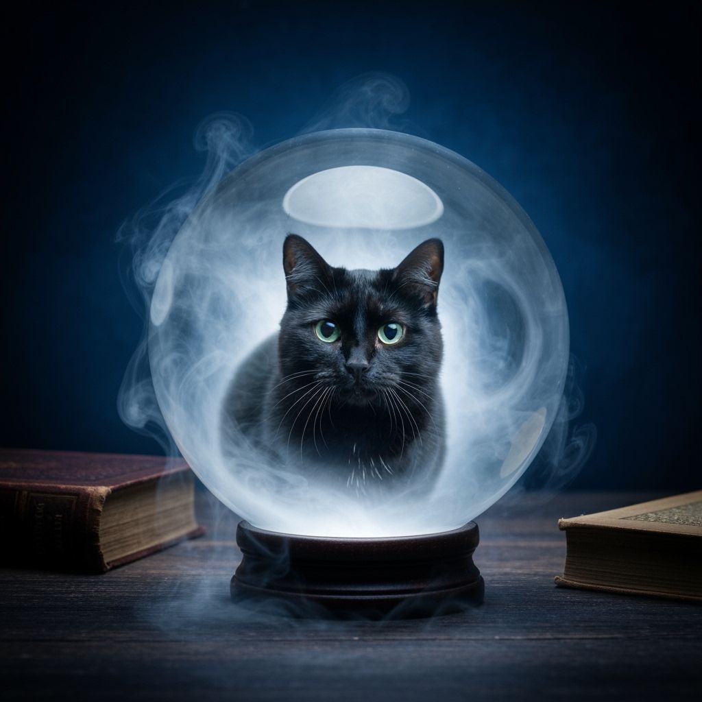 A black cat appearing through mist inside a crystal ball