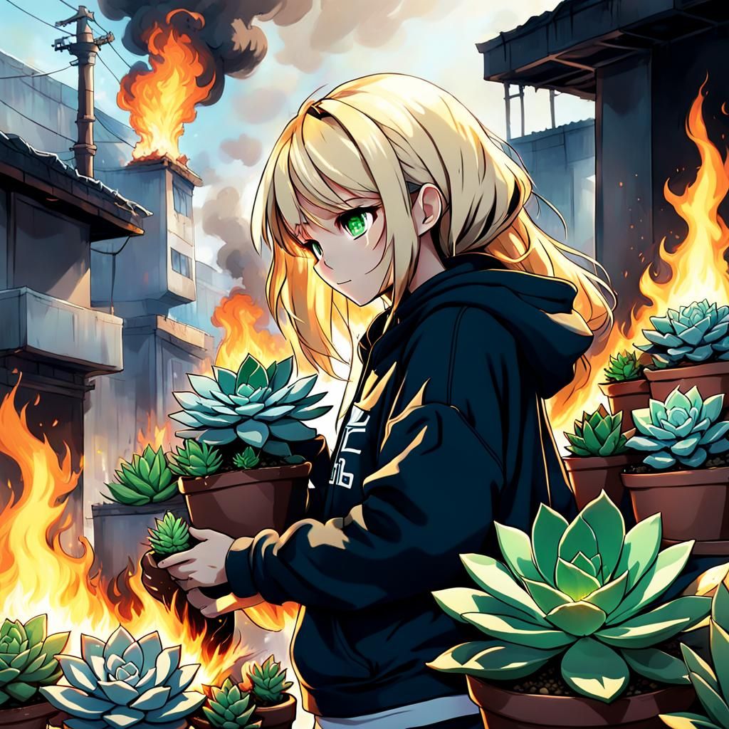 Anime Girl Saves Succulents From Fire