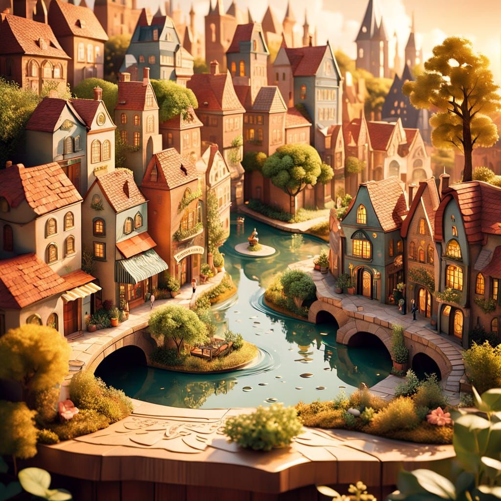 Miniature Village in Pizza Box, Art Deco Style