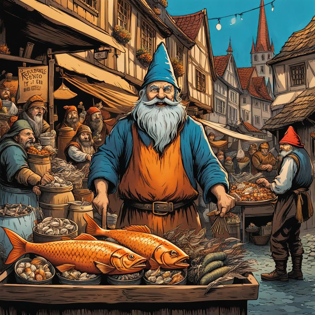 Evil Gnome Sells Fish in Medieval Market: Horror Illustratio...