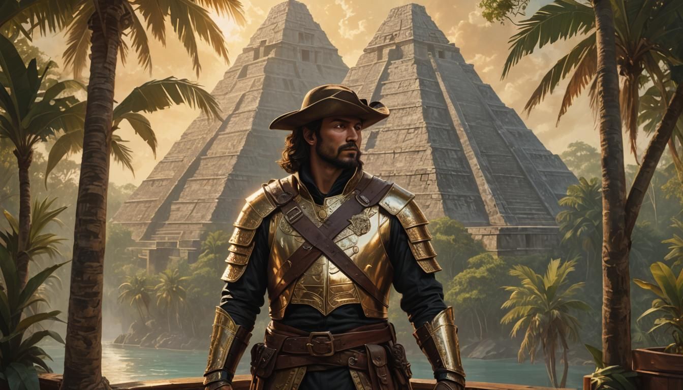 Conquistador Views Maya Pyramid in Metallic Vintage Style