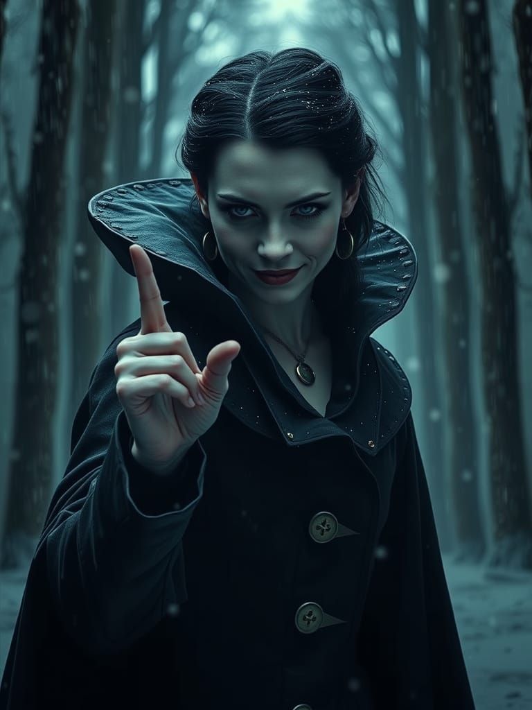 Dark Snow White in Winter Forest, Hyperrealistic Style
