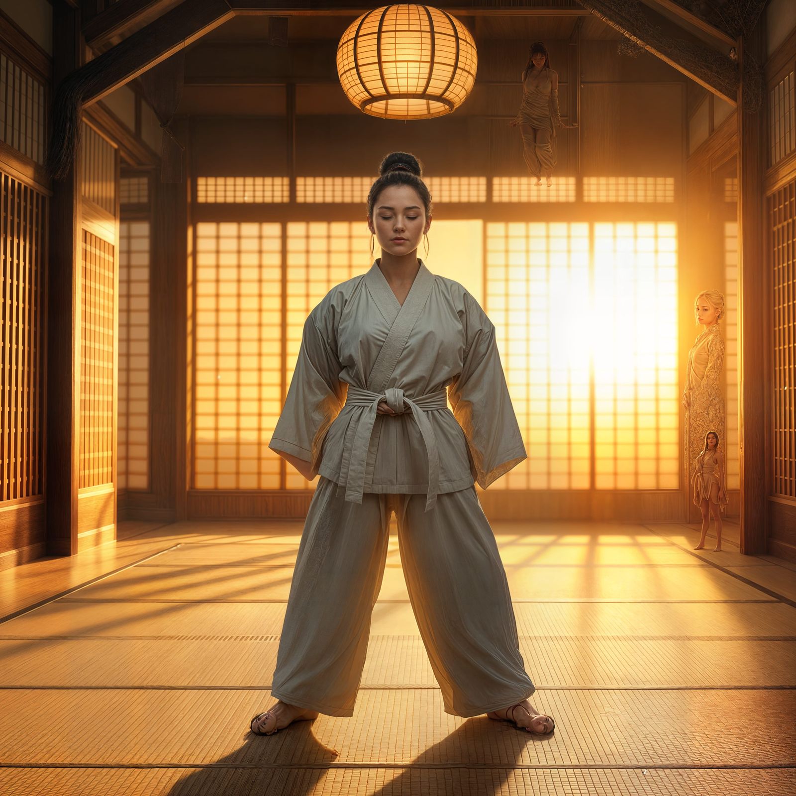 Karate Master Meditating in Dojo, Hyperrealistic Style