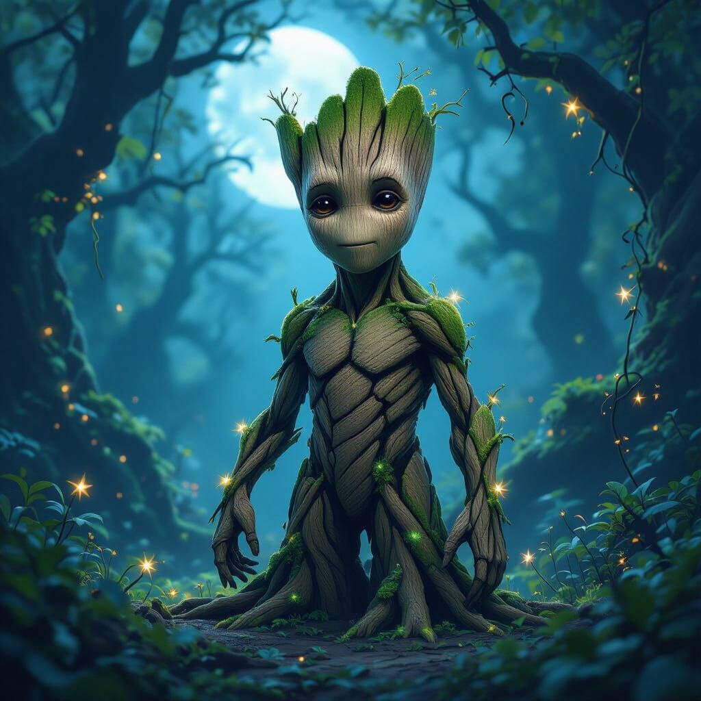 Groot in Ethereal Moonlight Forest