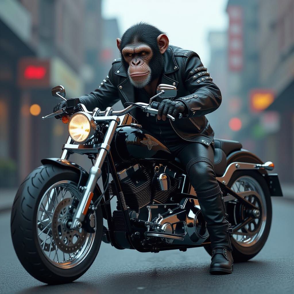 Chimpanzee Biker Leaning on Custom Motorcycle