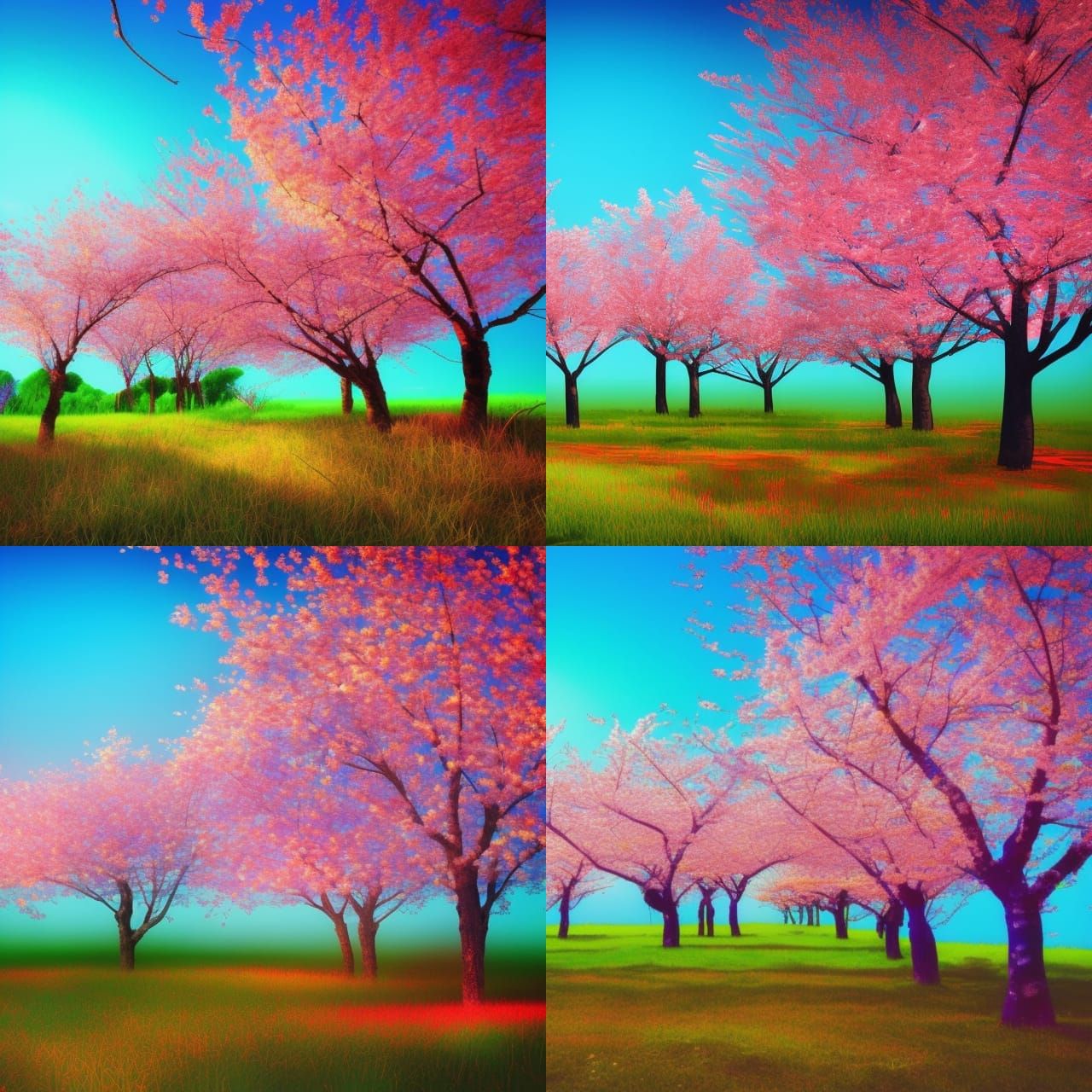 Psychedelic Neon Cherry Blossoms Under Blue Sky