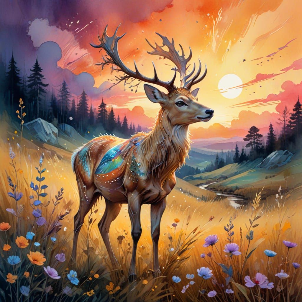 Golden Deer in Vibrant Sunset Watercolour Scene