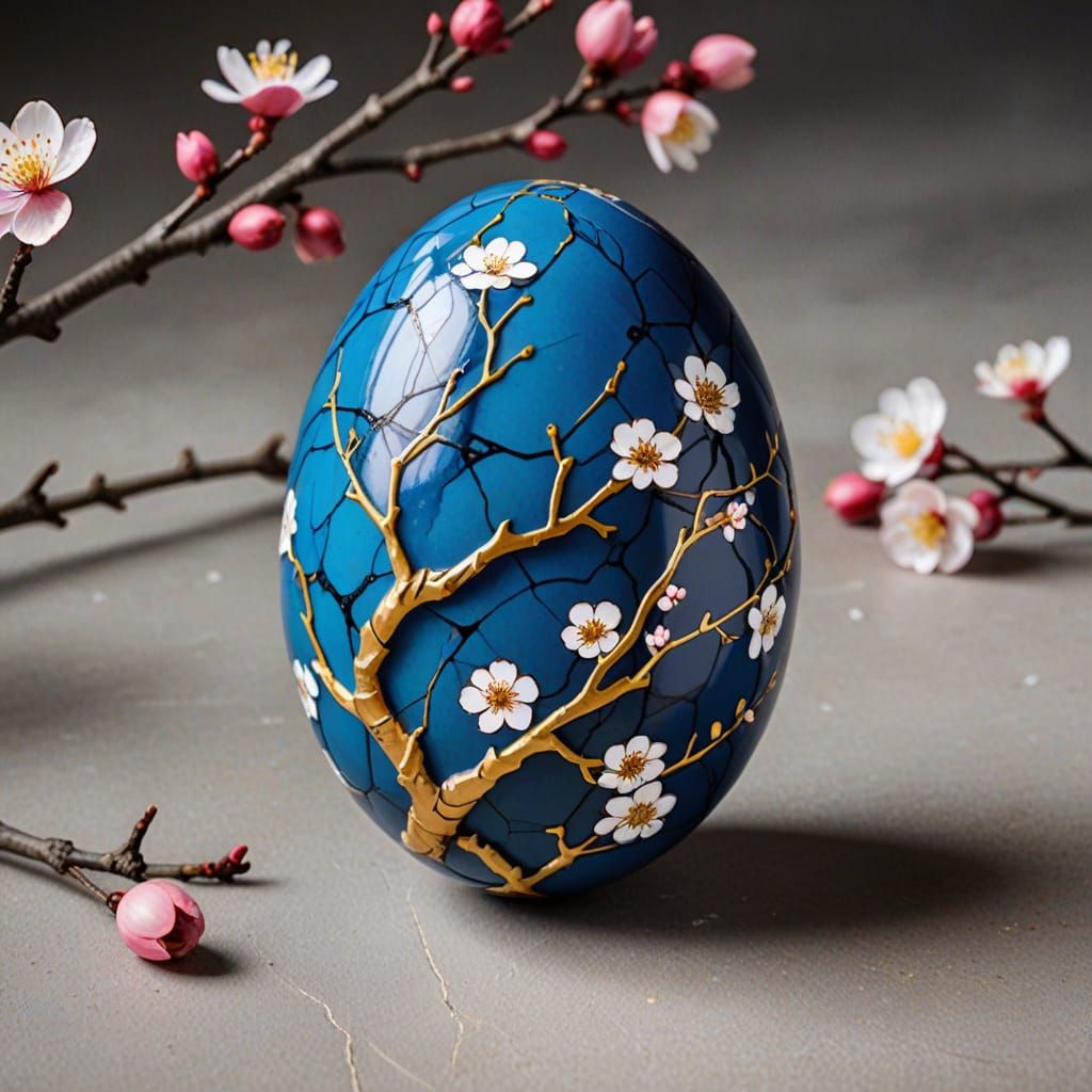 Painted blue egg with  plum blossoms on easter egg with kint...